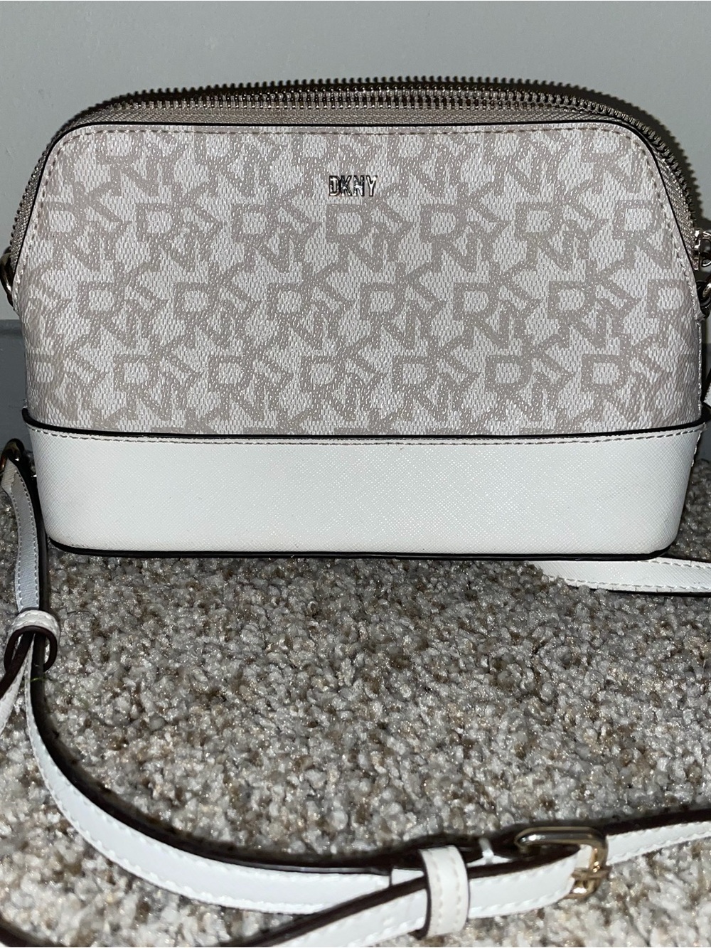 DKNY Beige Monogram and White Trim Crossbody